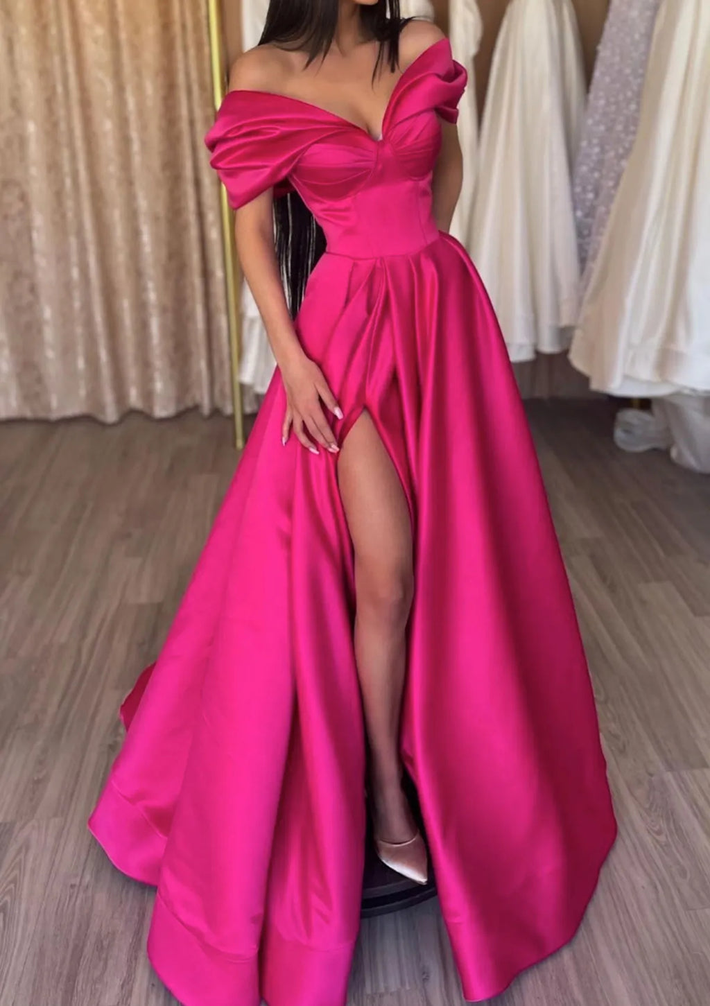 Off-the-Shoulder Short Sleeve Long/Floor-Length Prom Dress With Ruffles Split