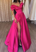 Off-the-Shoulder Short Sleeve Long/Floor-Length Prom Dress With Ruffles Split