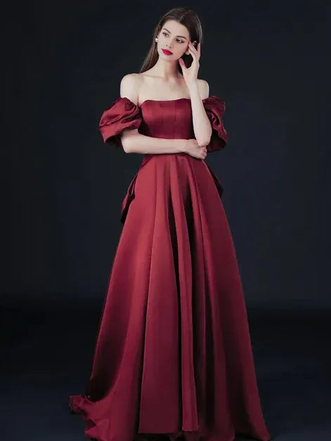 Wine Off-the-Shoulder Short Sleeves Wine Long Prom Dress With Bow