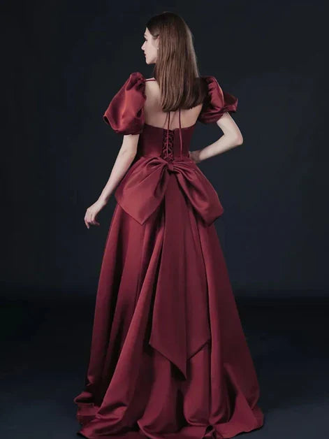 Wine Off-the-Shoulder Short Sleeves Wine Long Prom Dress With Bow