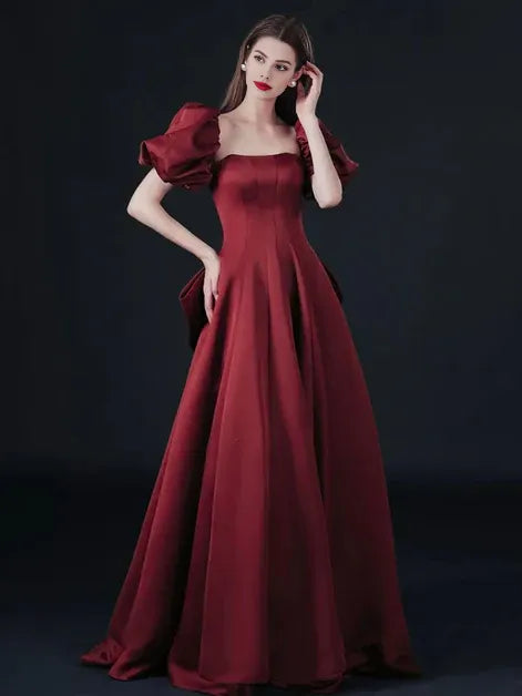 Wine Off-the-Shoulder Short Sleeves Wine Long Prom Dress With Bow