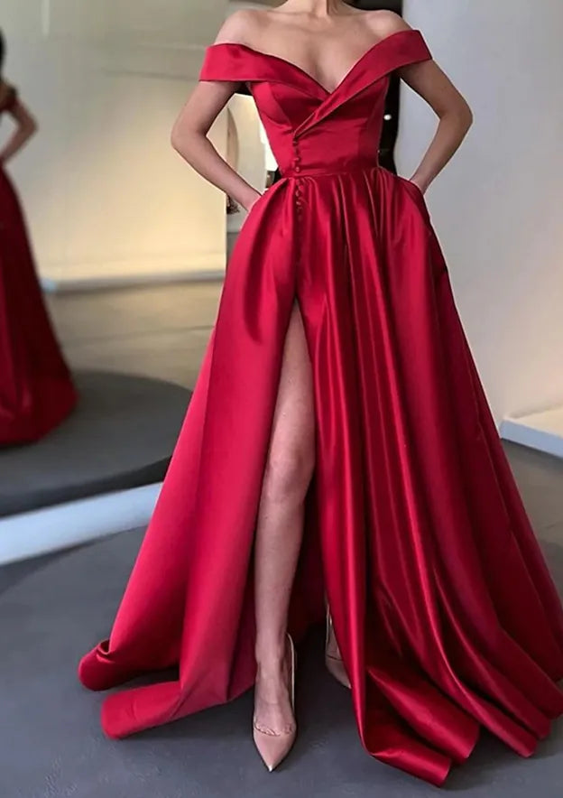 Off-the-Shoulder Sweep Train Prom Dress With Pleated Split