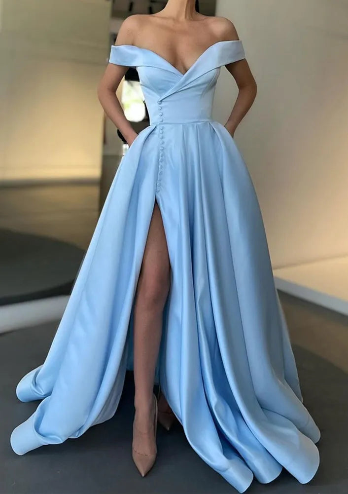 Off-the-Shoulder Sweep Train Prom Dress With Pleated Split