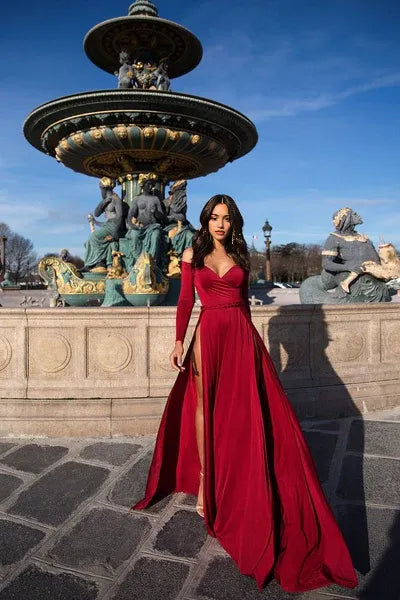 Portrait V-neck Long Sleeve Front Slit Floor Length Evening Dress
