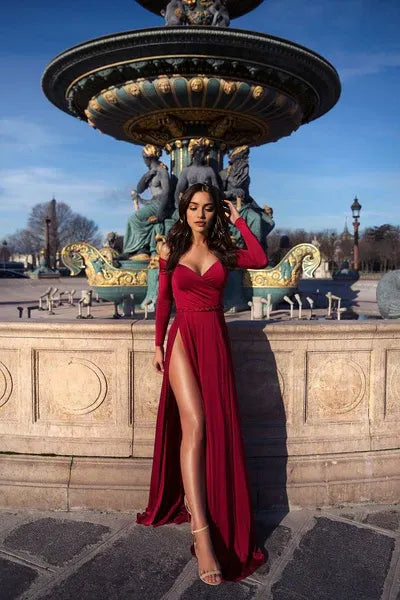 Portrait V-neck Long Sleeve Front Slit Floor Length Evening Dress