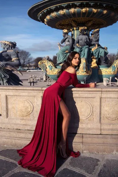 Portrait V-neck Long Sleeve Front Slit Floor Length Evening Dress