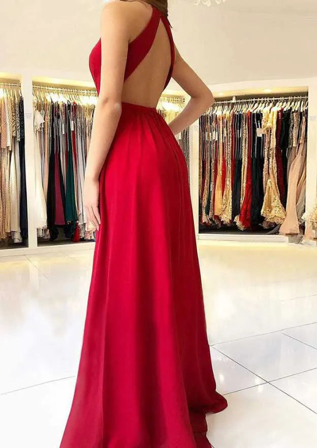 A-line/Princess Scalloped Neck Sleeveless Long/Floor-Length Prom Dress With Split
