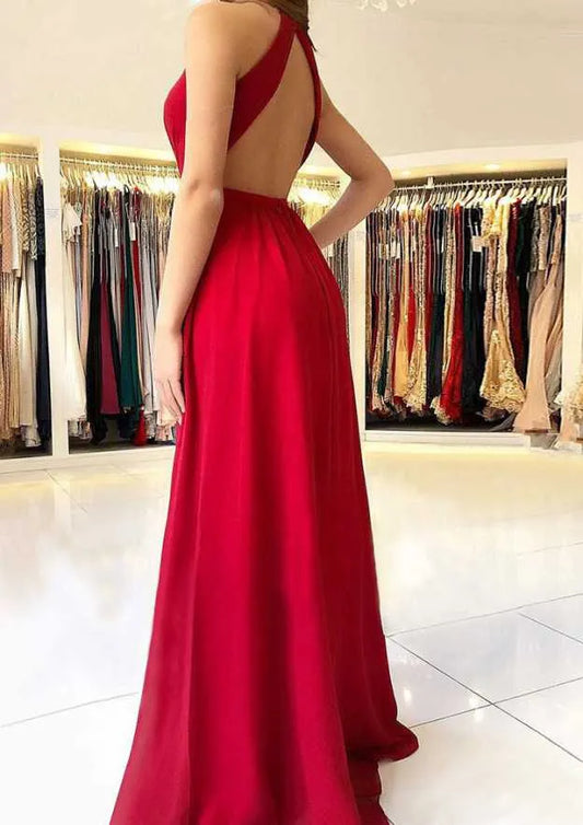 Elegant Red Slit A-Line Classic-Neck Sleeveless Classic-Back Floor-Length Prom Dress