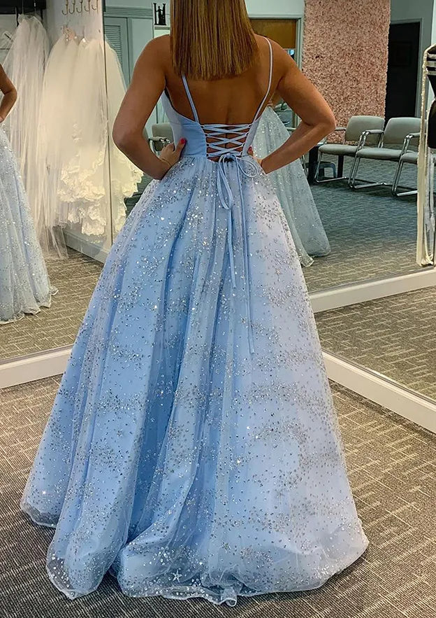 Princess Sweetheart Sleeveless Sweep Train Prom Dress With Glitter