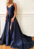 A-line/Princess V Neck Sleeveless Sweep Train Prom Dress With Split
