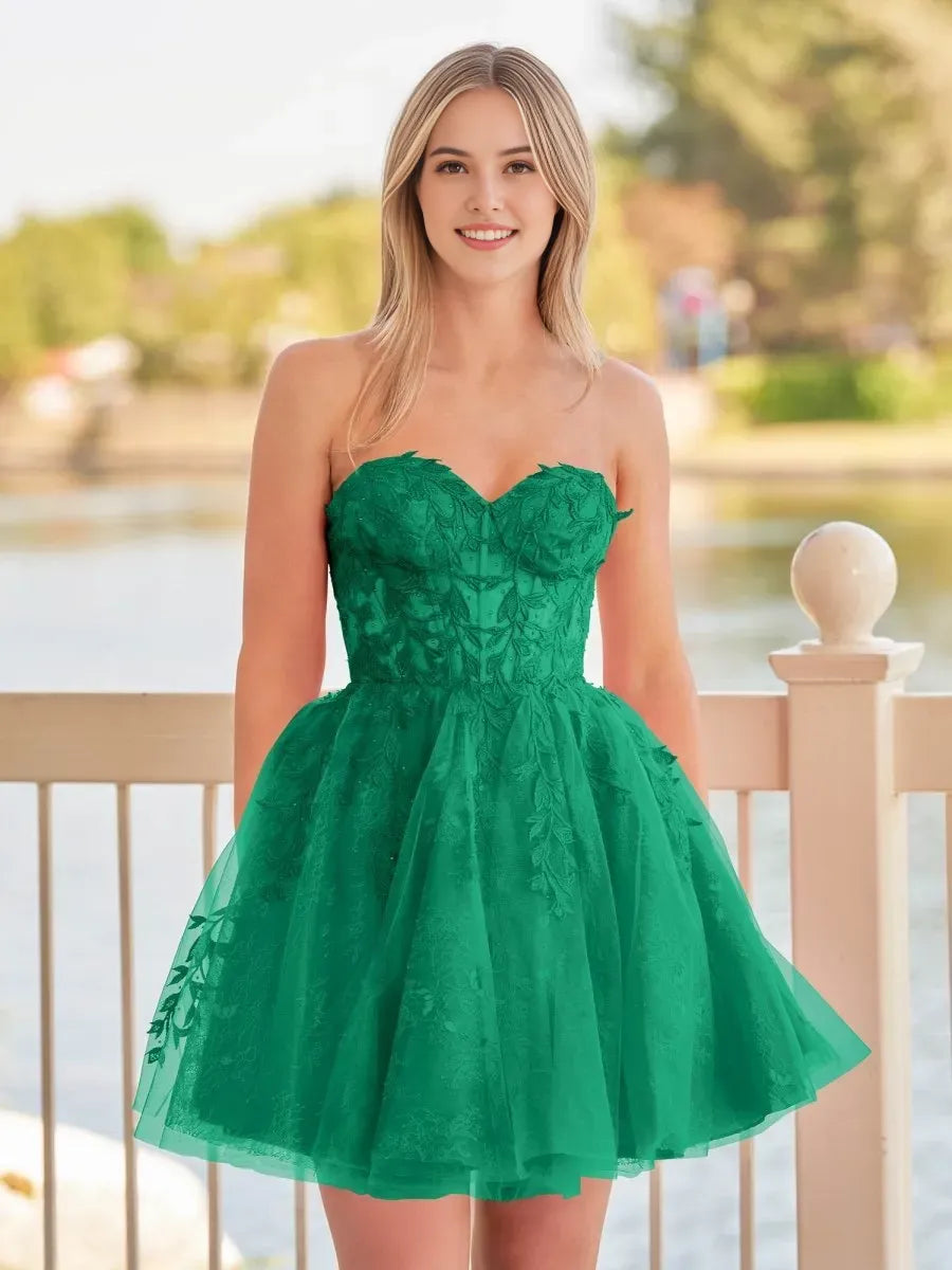 Red Sweetheart Appliques Homecoming Dress With Corset Back