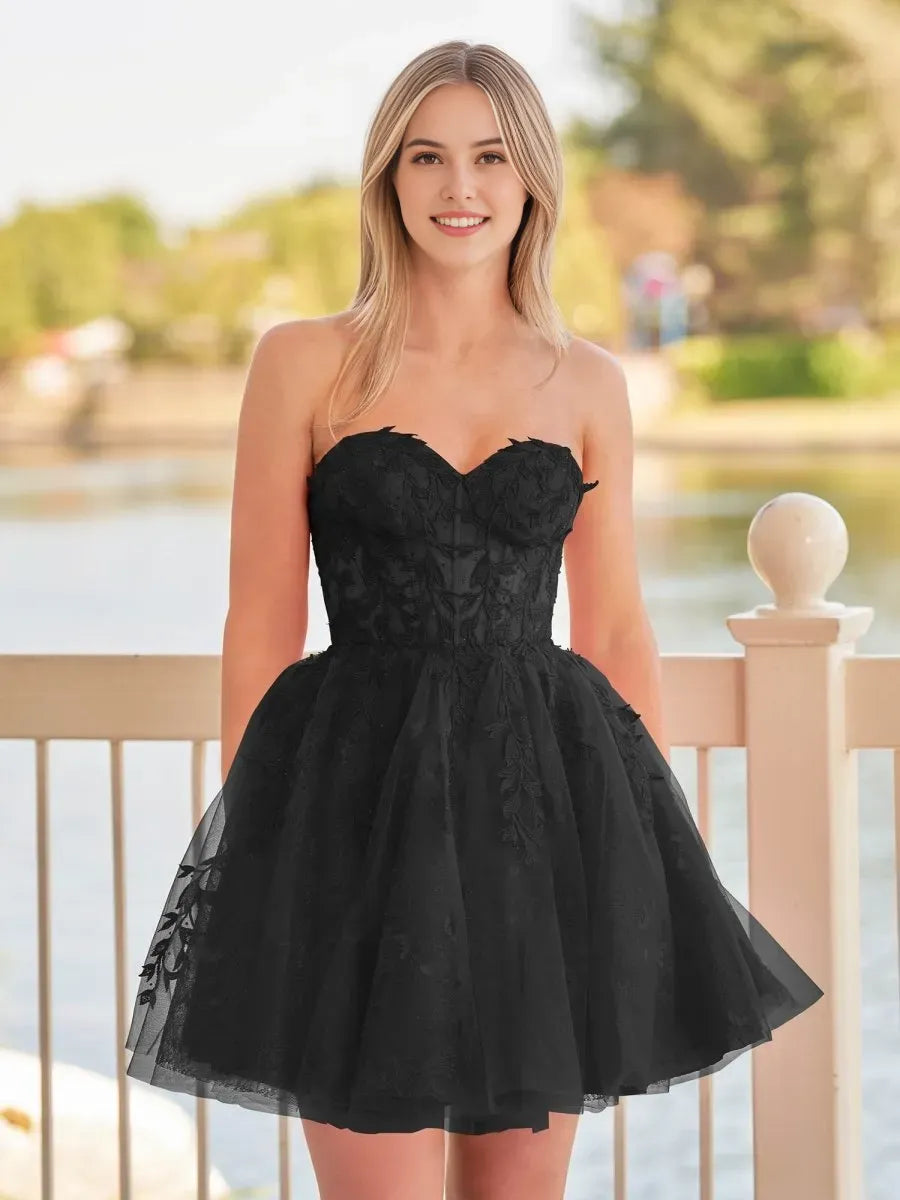 Red Sweetheart Appliques Homecoming Dress With Corset Back