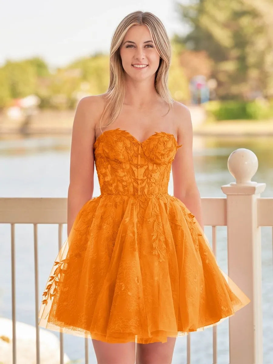 Red Sweetheart Appliques Homecoming Dress With Corset Back