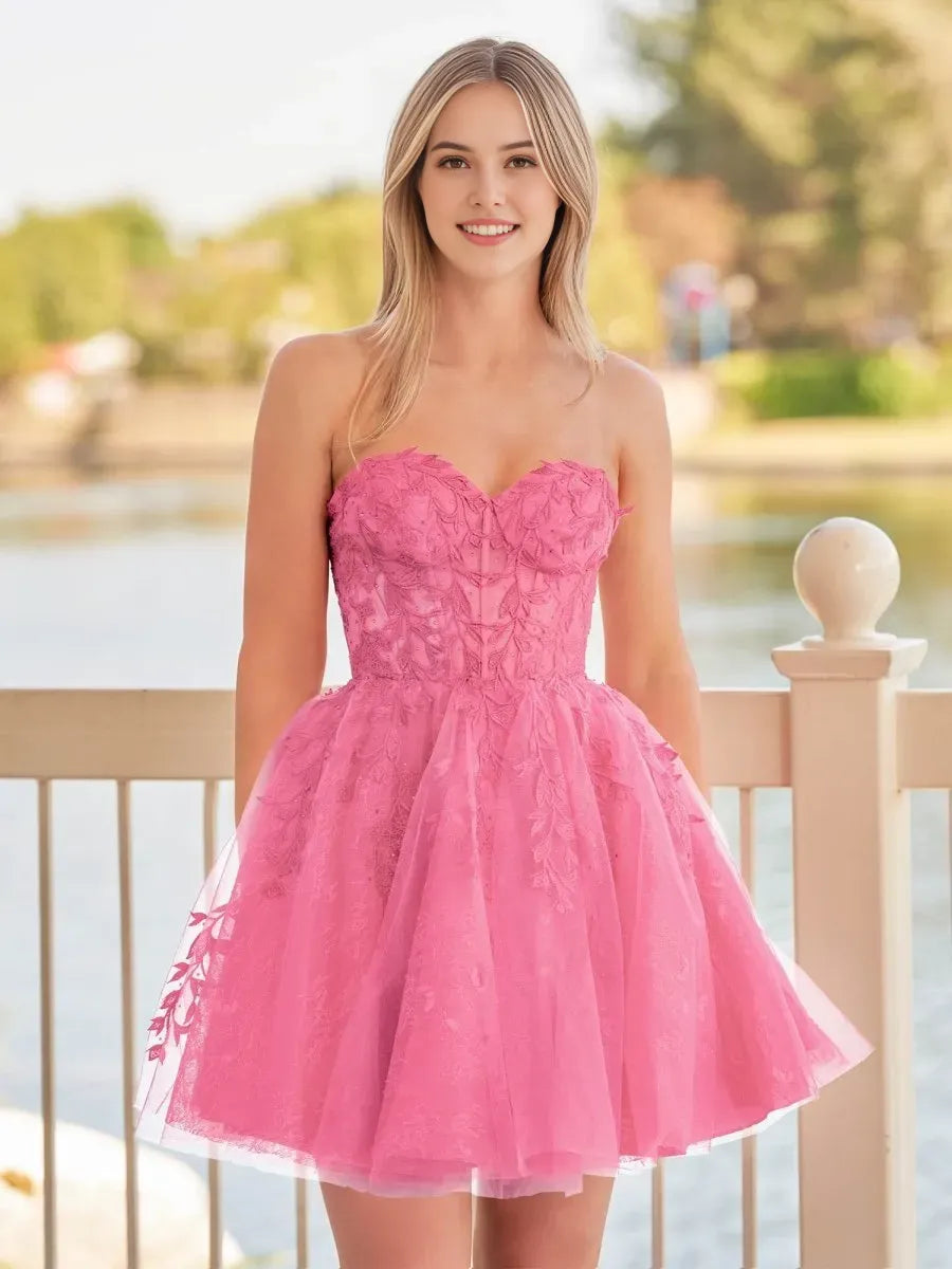 Red Sweetheart Appliques Homecoming Dress With Corset Back