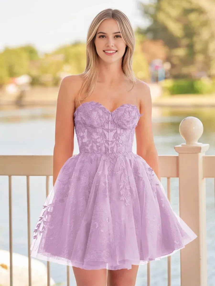 Red Sweetheart Appliques Homecoming Dress With Corset Back