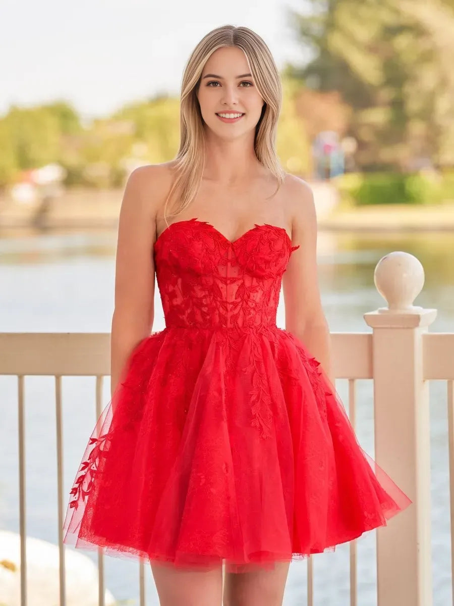 Red Sweetheart Appliques Homecoming Dress With Corset Back