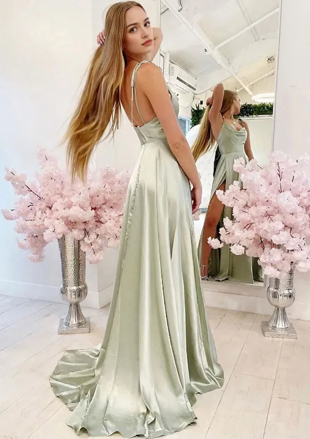 Sleeveless Cowl Neck Long/Floor-Length Charmeuse Prom Dress With Pleated Split