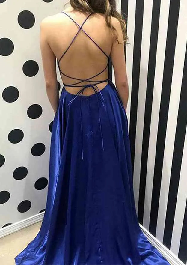 Spaghetti Straps Sweep Train Charmeuse Prom Dress With Split