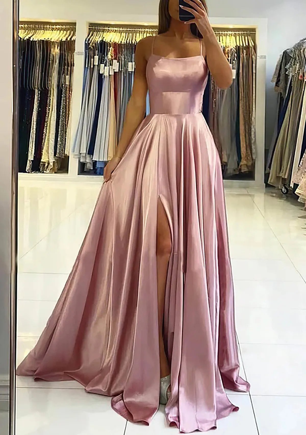 Square Neckline Sleeveless Sweep Train Prom Dress With Pleated