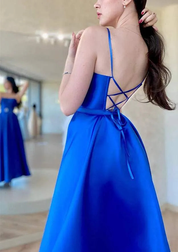 Square Neckline Spaghetti Straps Ankle-Length Prom Dress With Waistband