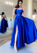 Square Neckline Spaghetti Straps Ankle-Length Prom Dress With Waistband