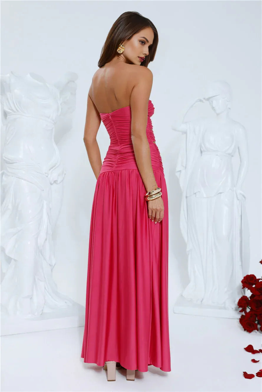 Pink Strapless 3D Flower Pleated Cutout Maxi Prom Dress With Side Slit