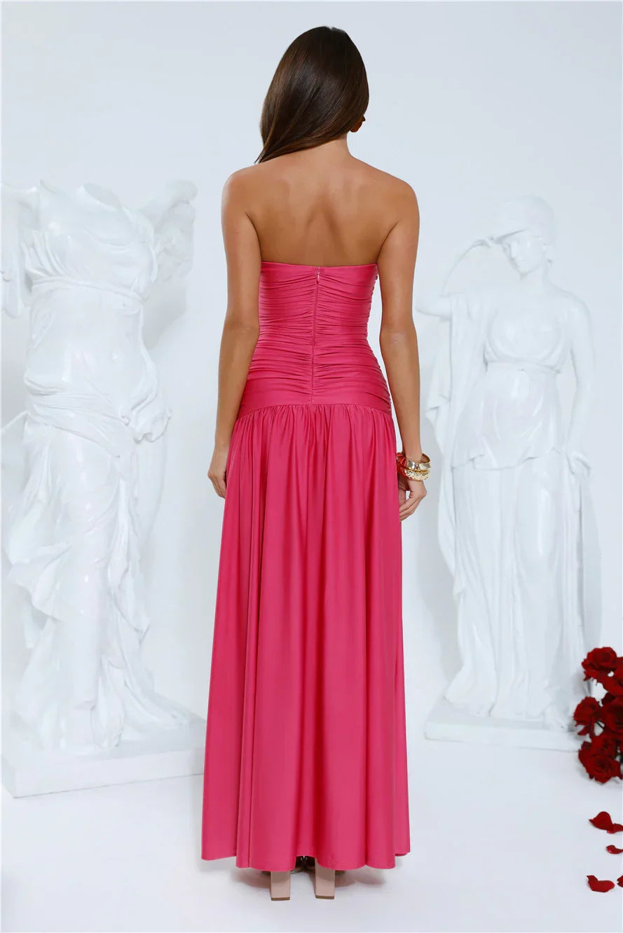 Pink Strapless 3D Flower Pleated Cutout Maxi Prom Dress With Side Slit