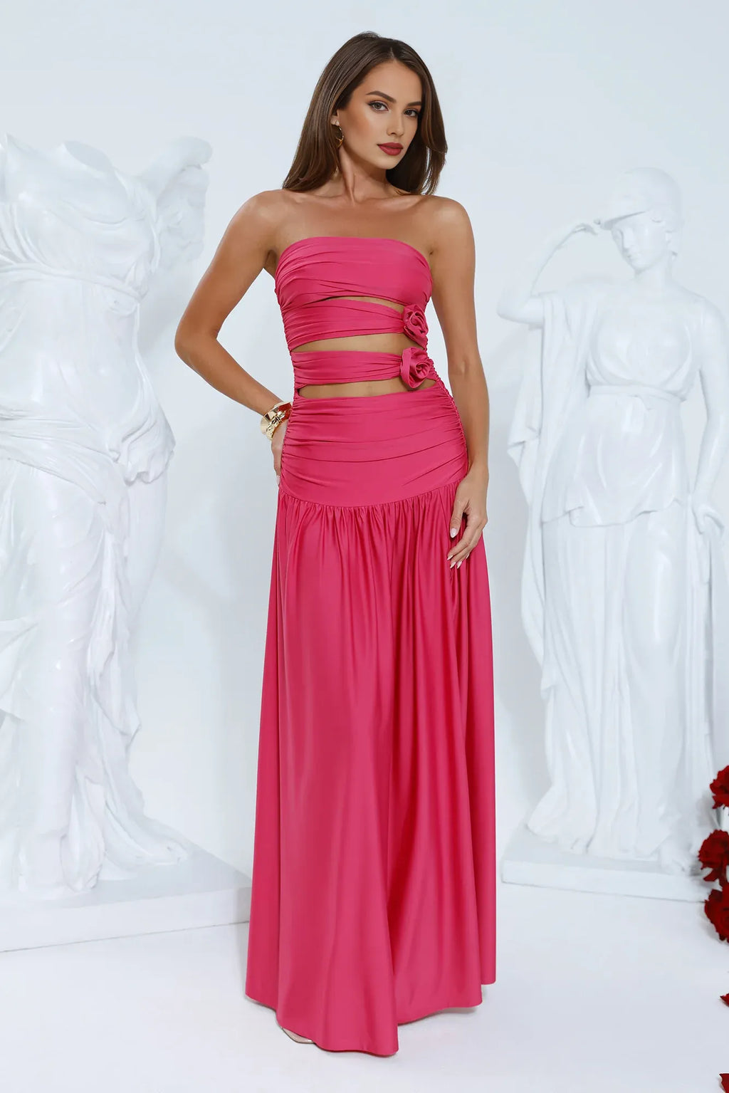 Pink Strapless 3D Flower Pleated Cutout Maxi Prom Dress With Side Slit