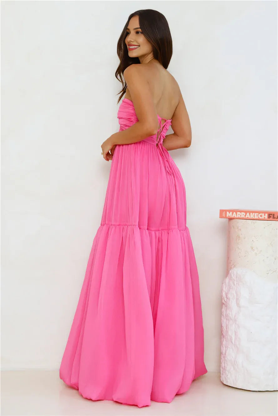 Pink Strapless Twisted Knot Maxi Prom Dress With Bubble Hem Hot Sale