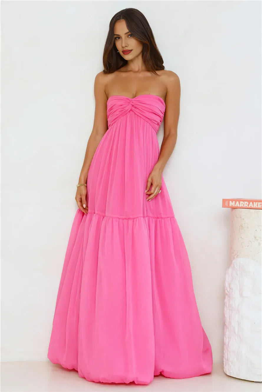 Pink Strapless Twisted Knot Maxi Prom Dress With Bubble Hem Hot Sale