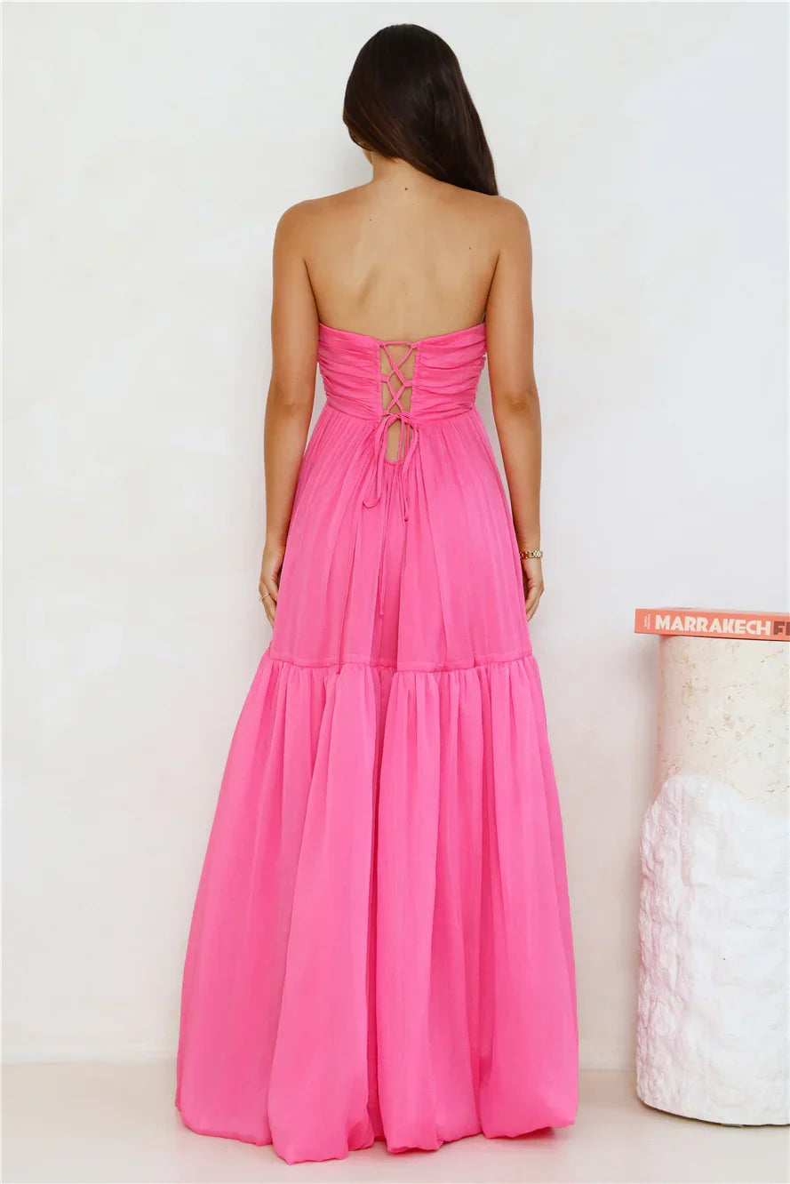 Pink Strapless Twisted Knot Maxi Prom Dress With Bubble Hem Hot Sale