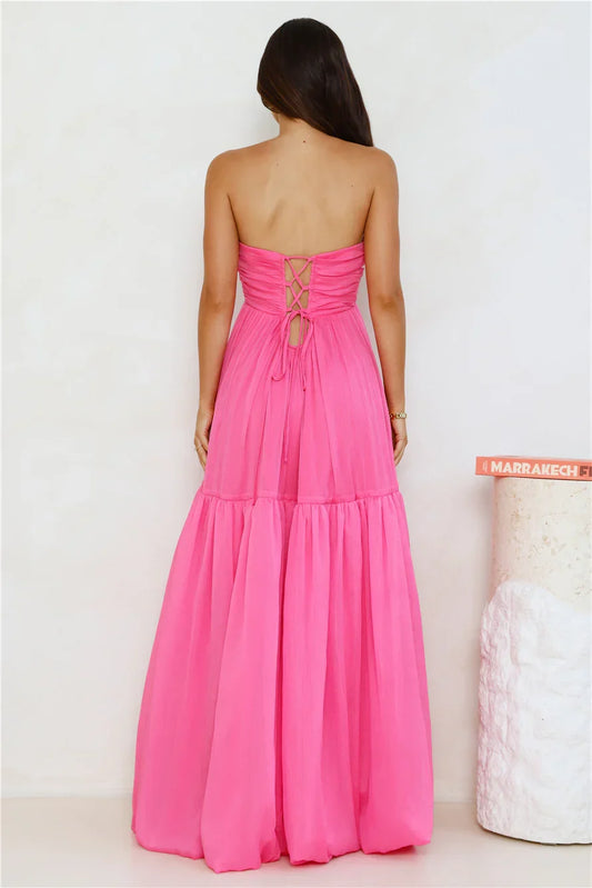 Elegant Pink A-Line Strapless Classic-Sleeve Classic-Back Floor-Length Prom Dress