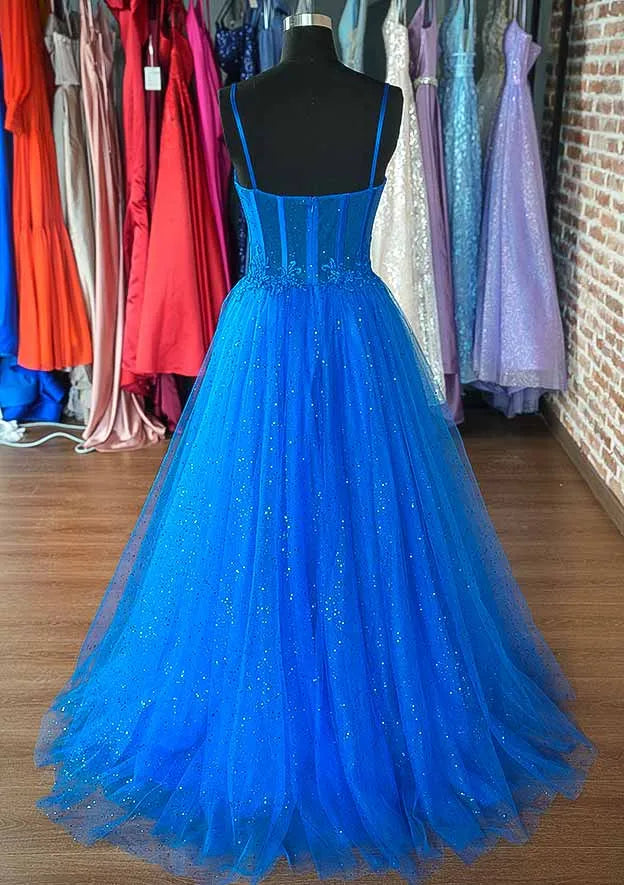 Sweetheart Sleeveless Sweep Train Glitter Prom Dress