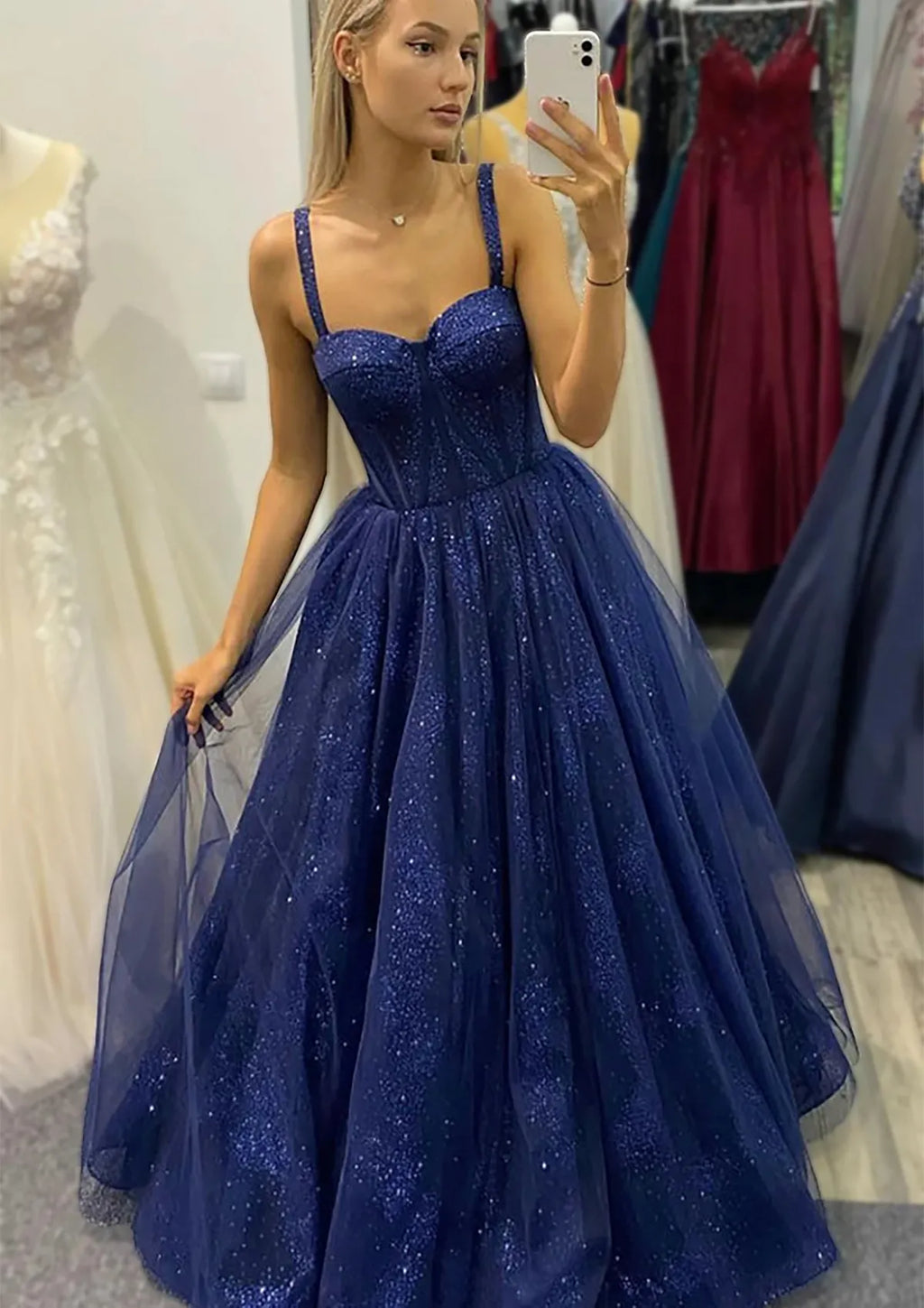 Sweetheart Spaghetti Straps Long/Floor-Length Glitter Prom Dress
