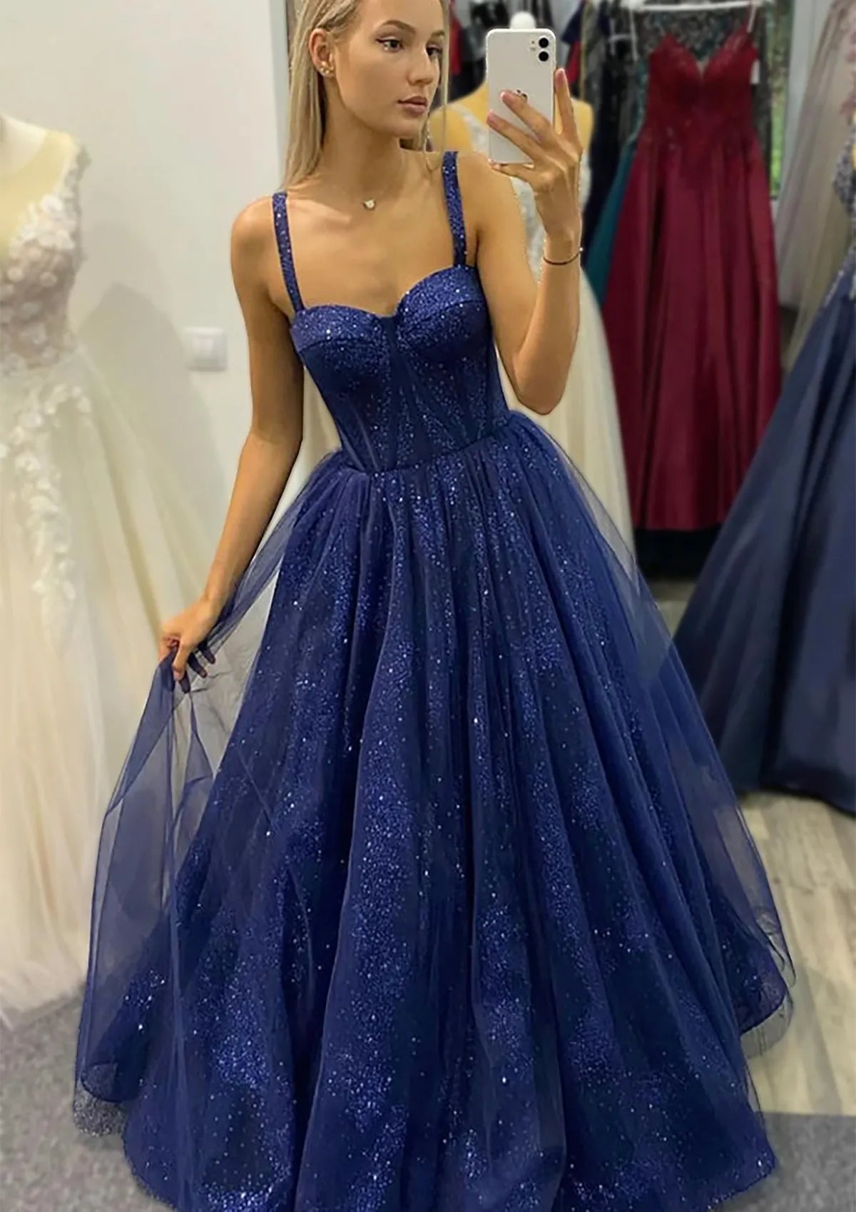 Sweetheart Spaghetti Straps Long/Floor-Length Glitter Prom Dress