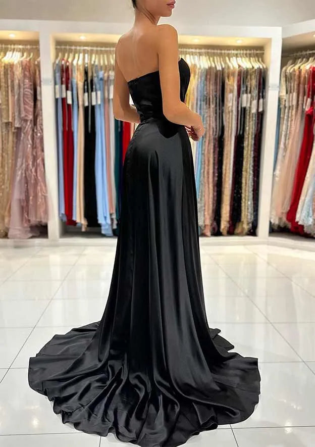 Sweetheart Strapless Sweep Train Charmeuse Prom Dress With Pleated Split