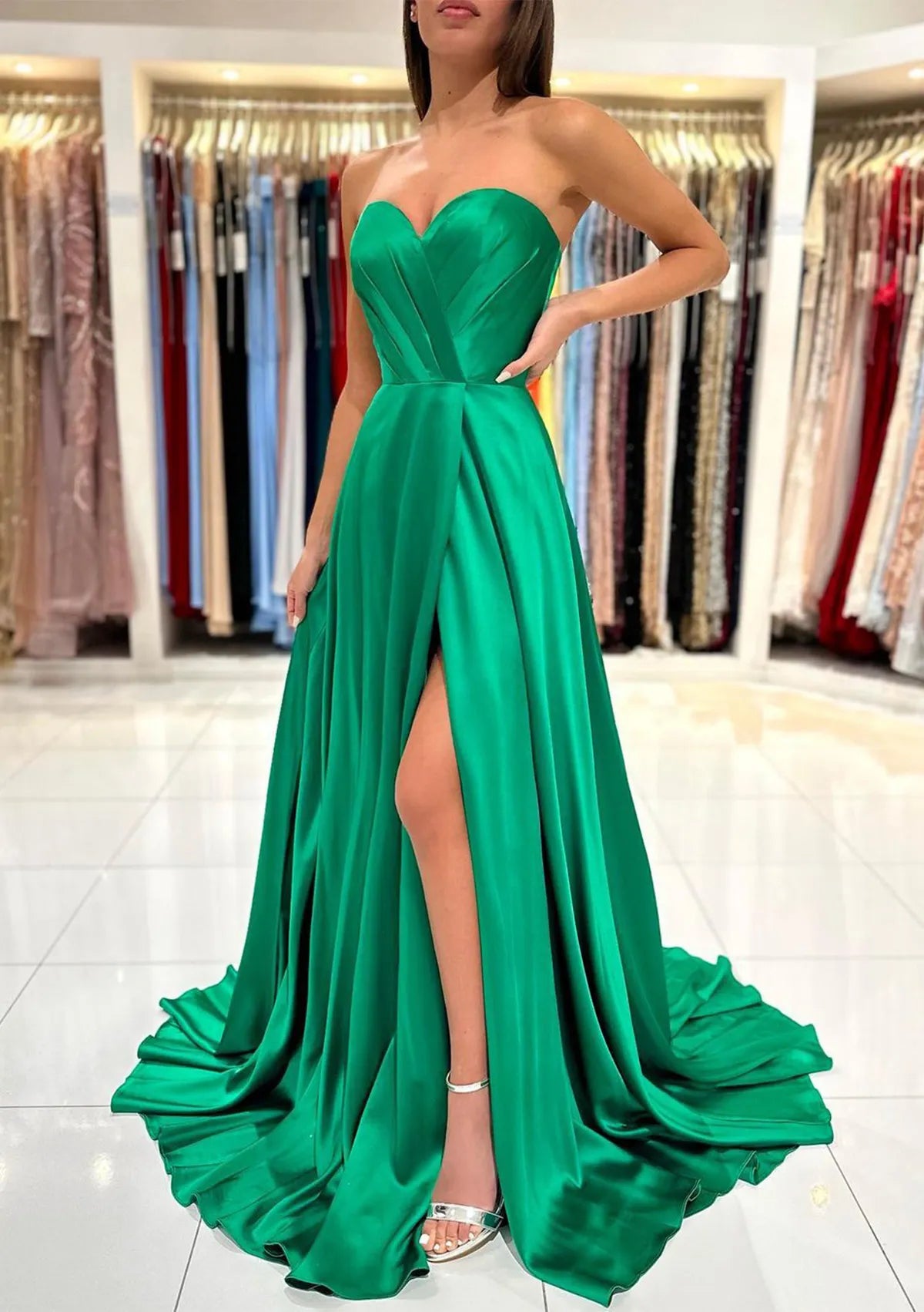 Sweetheart Strapless Sweep Train Charmeuse Prom Dress With Pleated Split