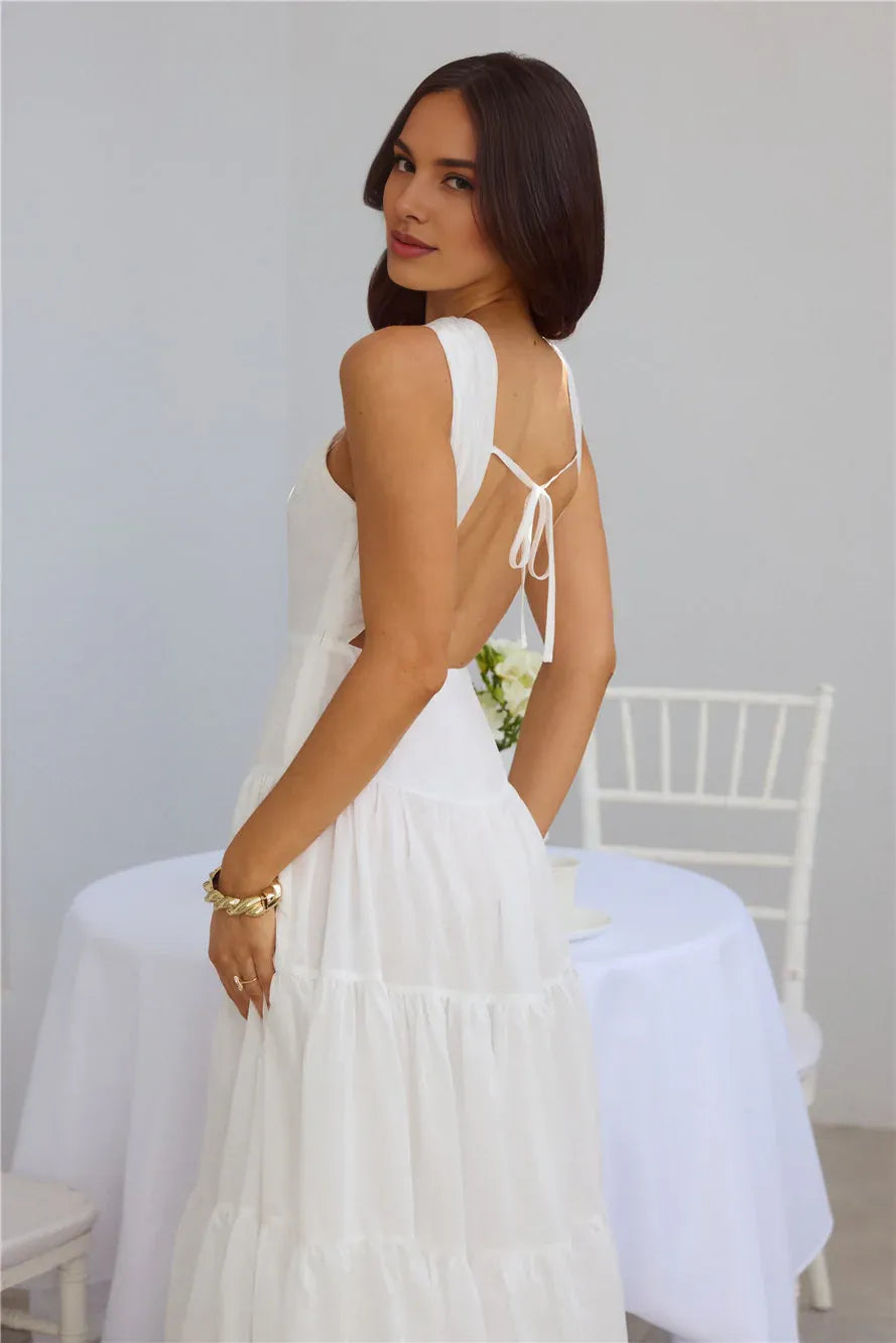 White Twist Neck Keyhole Cutout Tiered Open Back Maxi Prom Dress