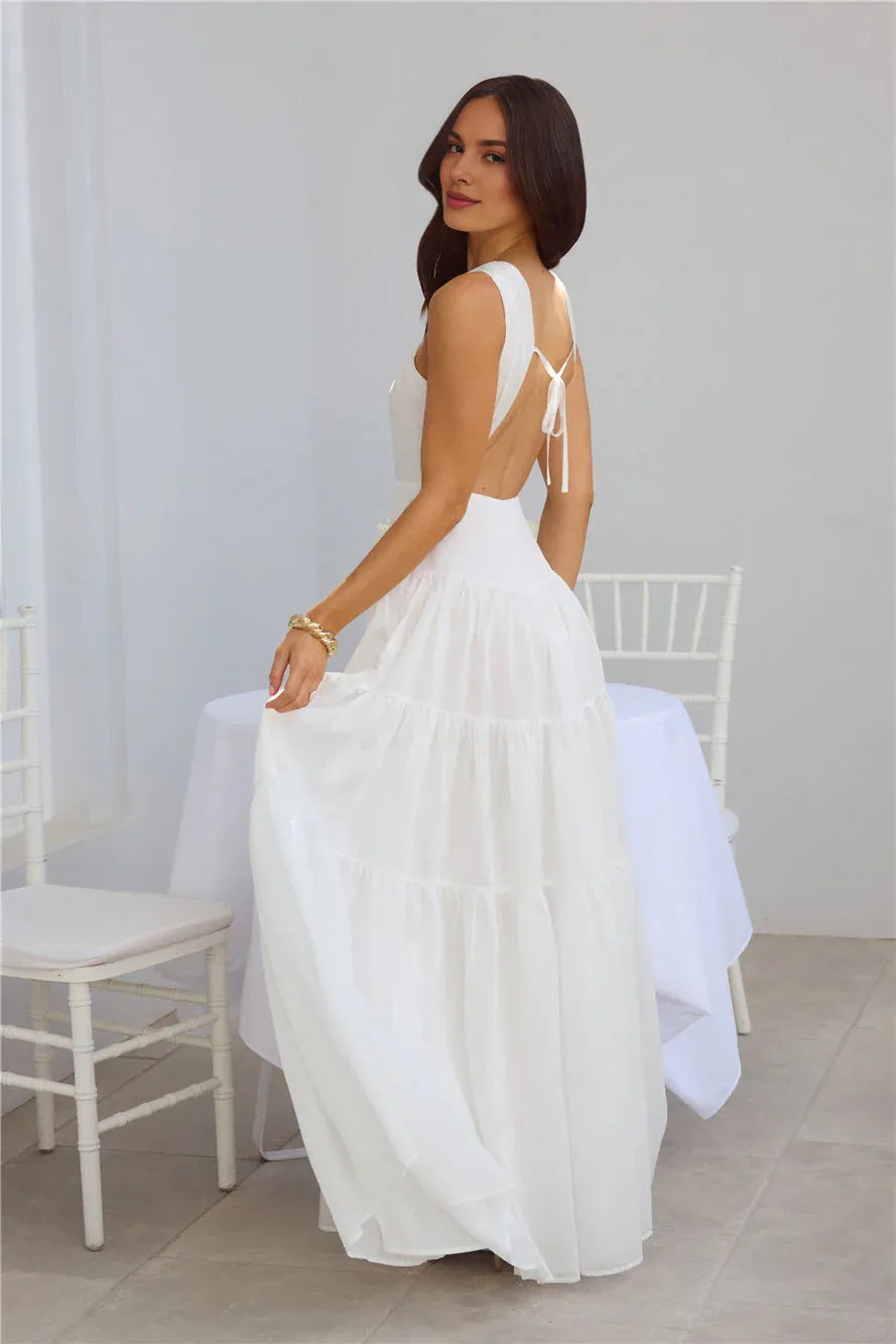 White Twist Neck Keyhole Cutout Tiered Open Back Maxi Prom Dress