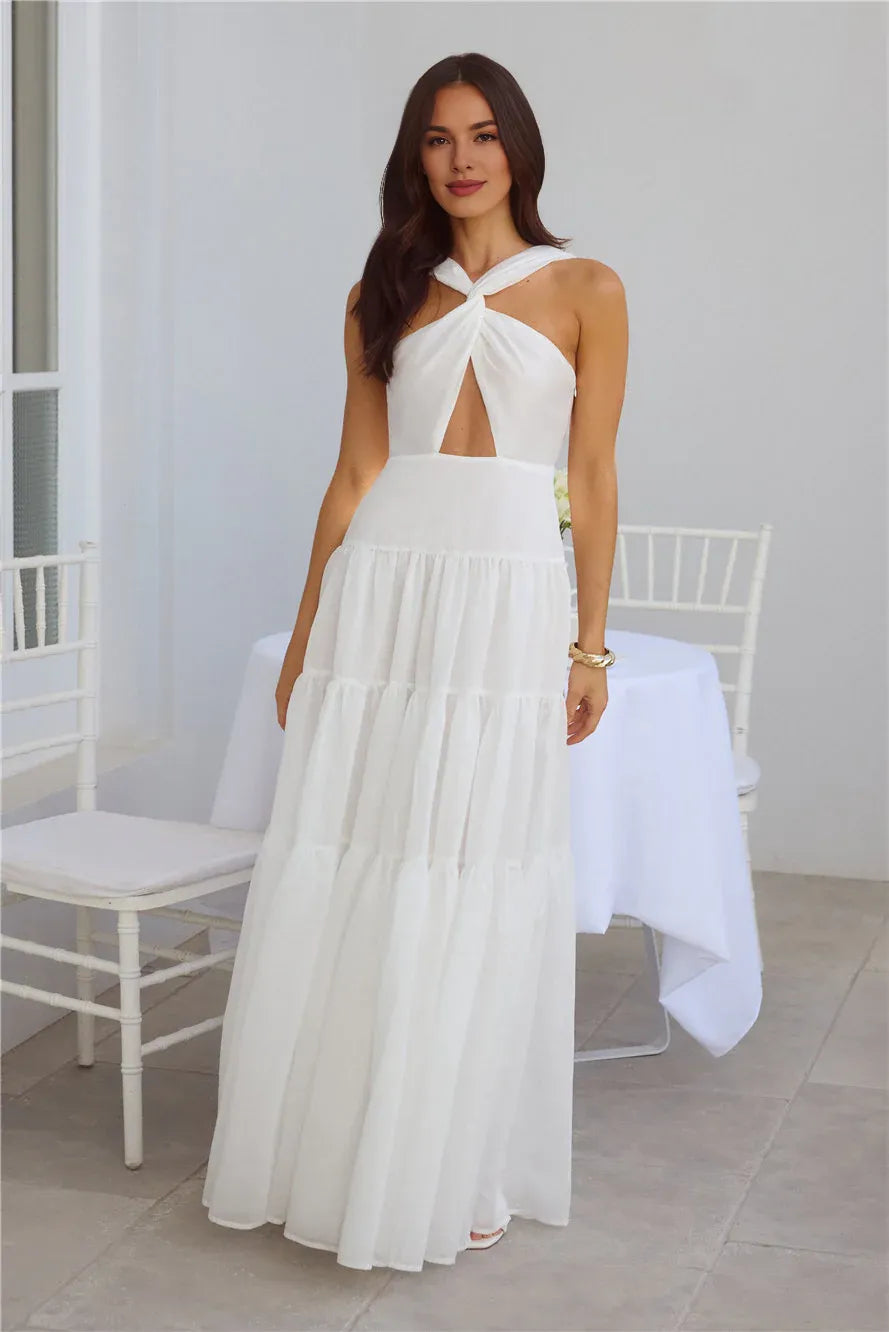 White Twist Neck Keyhole Cutout Tiered Open Back Maxi Prom Dress