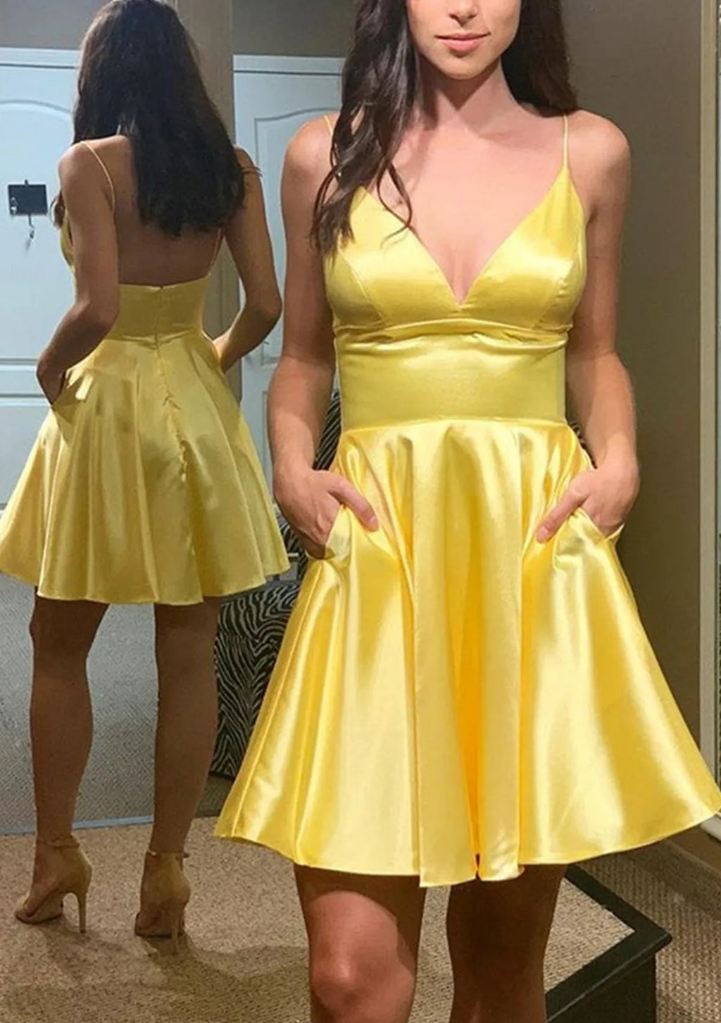 V Neck Sleeveless Charmeuse Short/Mini Homecoming Dresses
