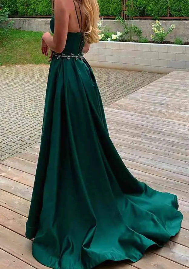 Green Emerald Prom Dress with Crisscross Straps Belt A Regal Choice for Glamorous Nights