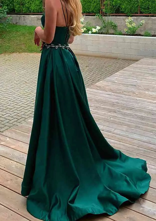 Luxurious Green Pleated A-Line One-Shoulder Sleeveless Classic-Back Floor-Length Prom Dress