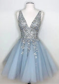 V Neck Sleeveless Short/Mini Homecoming Dress With Beading Ruffles Sequins