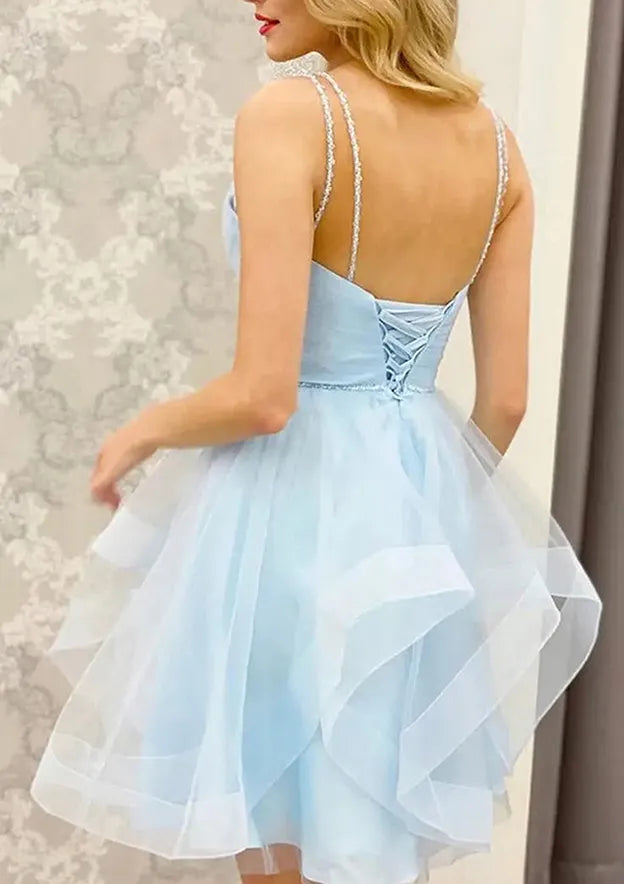 V Neck Sleeveless Short/Mini Homecoming Dress With Beading Pleated
