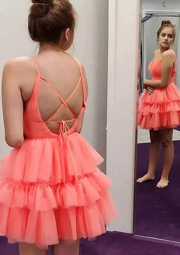 V Neck Sleeveless Short/Mini Homecoming Dress With Pleated Ruffles