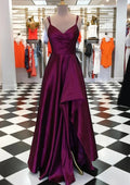 V Neck Spaghetti Straps Long/Floor-Length Prom Dress With Pleated Split
