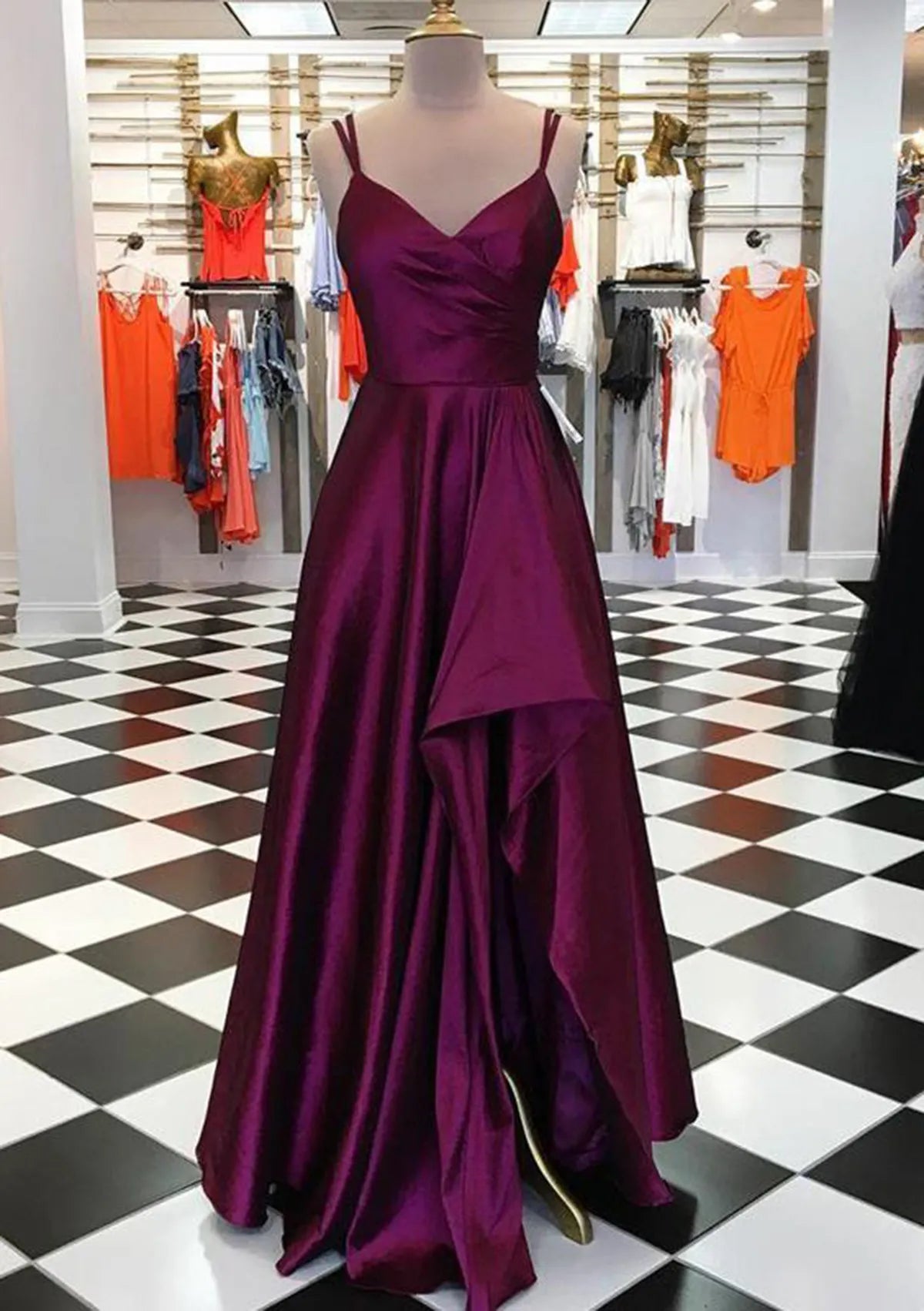 V Neck Spaghetti Straps Long/Floor-Length Prom Dress With Pleated Split