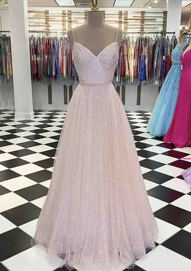 V Neck Spaghetti Straps Long/Floor-Length Prom Dress With Beading Sequins