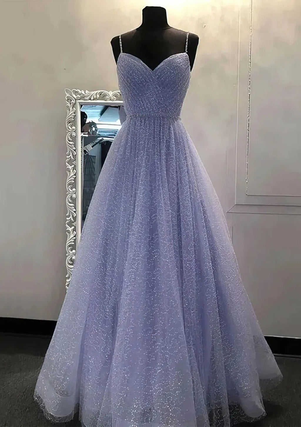 V Neck Spaghetti Straps Long/Floor-Length Prom Dress With Beading Sequins